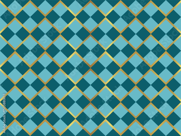 Fototapeta A seamless geometric pattern featuring interlocking diamond shapes in shades of blue and gold lines on a teal background.