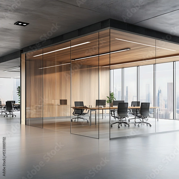 Fototapeta A Room with a mockup poster empty white and with a long table and chairs in office and a large picture frame reality meaning image.
