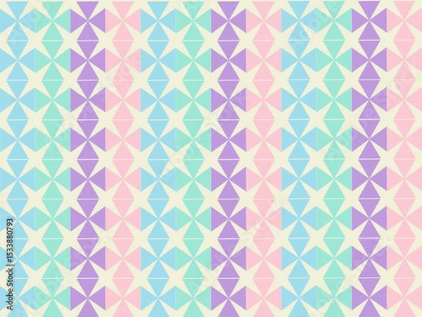 Fototapeta A pastel geometric pattern featuring stars and pinwheels in shades of purple, pink, blue, and cream arranged in vertical stripes.
