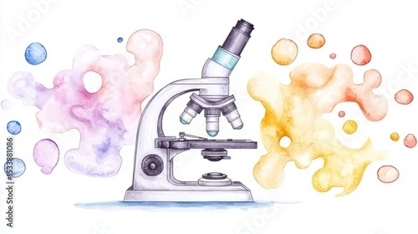 Fototapeta Artistic watercolor illustration of a laboratory microscope surrounded by colorful splashes conveying scientific research and discovery