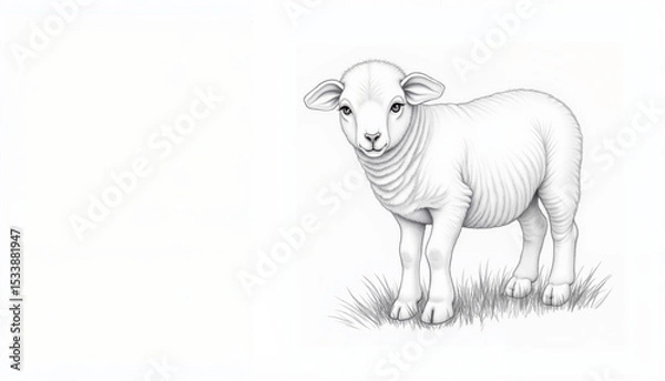 Obraz Cute lamb standing in green grass on a white background  