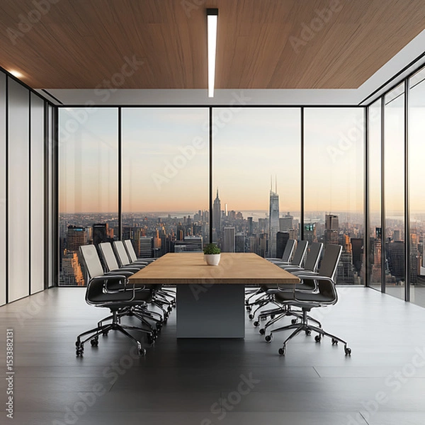 Fototapeta A Room with a mockup poster empty white and with a long table and chairs in office and a large picture frame reality meaning image.
