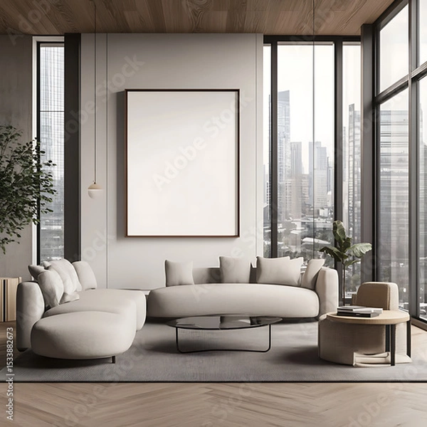 Fototapeta A Room with a mockup poster empty white and with a long table and chairs in office and a large picture frame reality meaning image.
