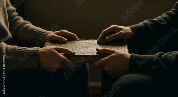 Fototapeta Holding an Old Book Together Hands Sharing Knowledge and Stories