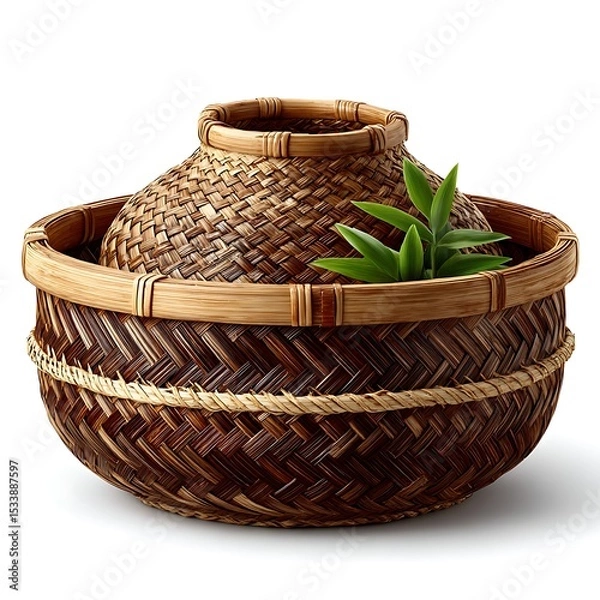 Fototapeta Woven wicker storage basket white background view