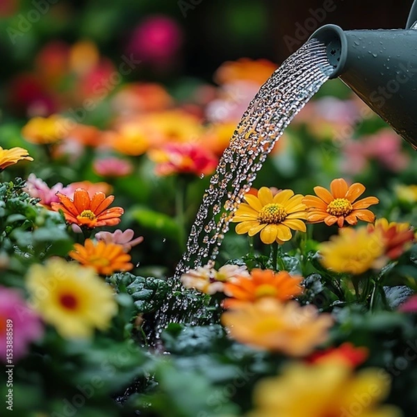 Fototapeta Yellow daisies sparkle under gentle garden watering high resolution picture