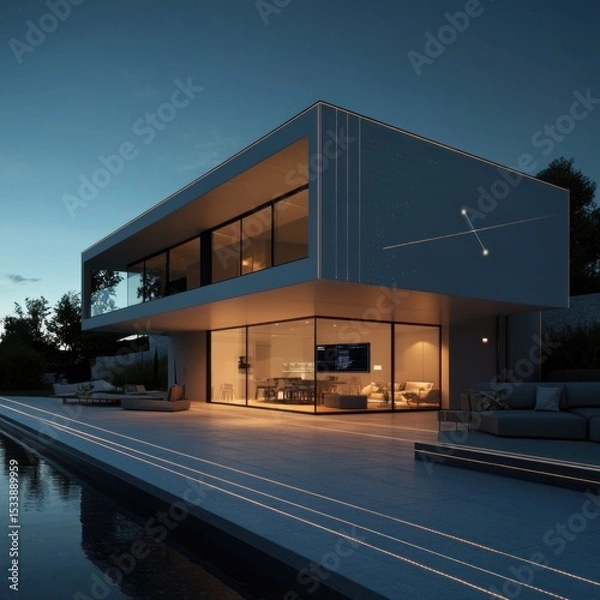 Obraz Modern Luxury Villa at Night with Illuminated Exterior