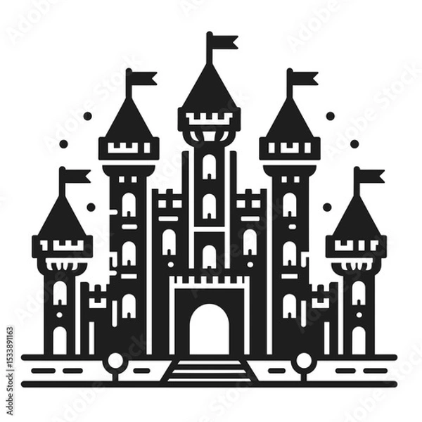 Fototapeta Castle illustration with towers and flags in a minimalist style  