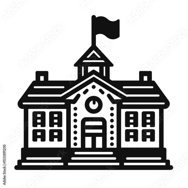 Fototapeta Traditional school building with a flag on top in linear style  