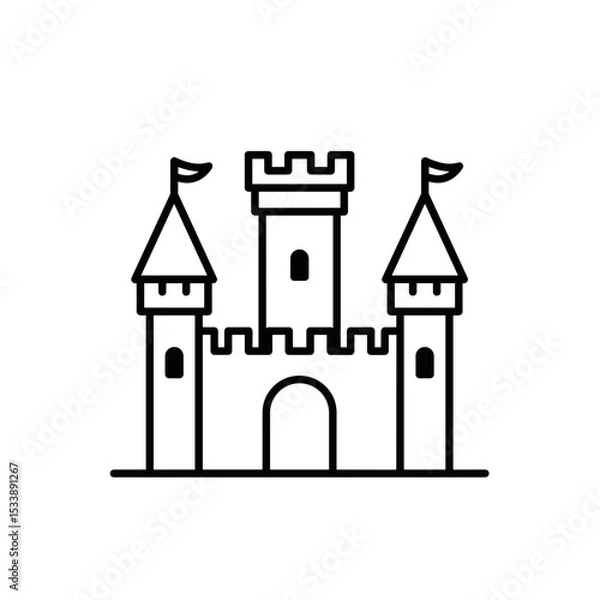 Fototapeta Simple line drawing of a castle with flags and towers  