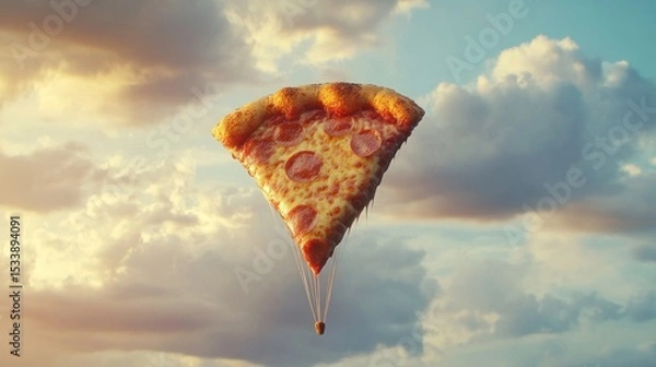Fototapeta A slice of pizza floats in the sky