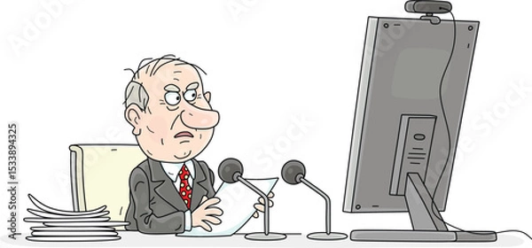 Obraz Discontented government official reading aloud his very long and important speech from paper sheets in front of a computer monitor with a webcam at an online conference, vector cartoon illustration