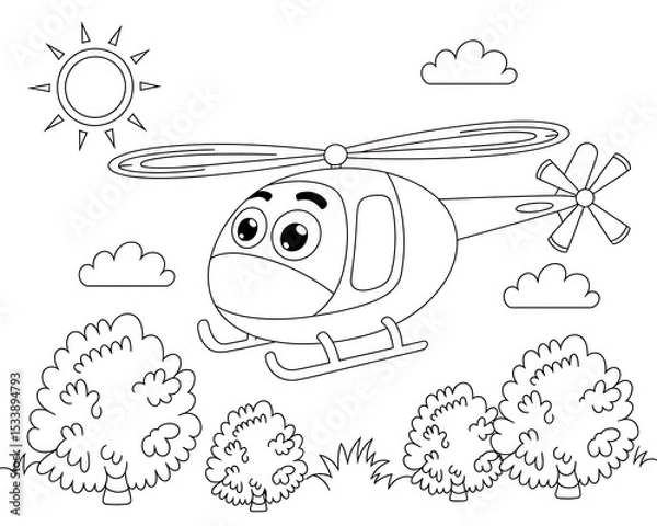 Obraz Black and White Line Art Cartoon Helicopter Flying Over Simple Trees and Clouds Sunny Day Kids Coloring Page 1