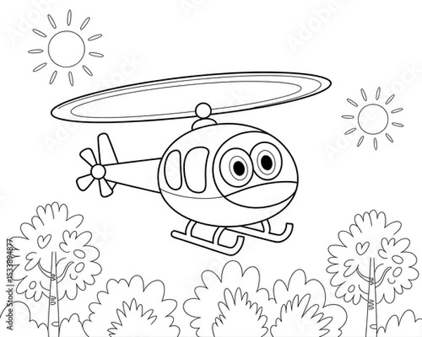 Obraz Black and White Line Art Cartoon Helicopter Flying Over Simple Trees and Suns Kids Coloring Page image