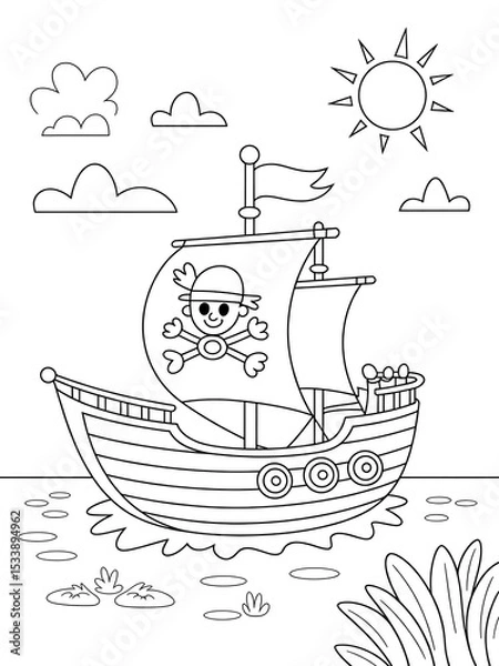 Obraz Black and White Line Art Cartoon Pirate Ship Sailing on Calm Sea Under Sunny Sky Kids Coloring Page image 1