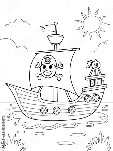 Obraz Black and White Line Art Cartoon Pirate Ship Sailing on Calm Sea Under Sunny Sky Kids Coloring Page image