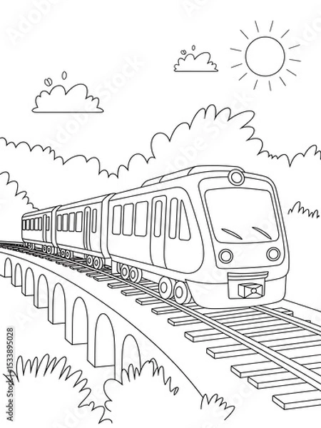 Obraz Black and White Line Art Cartoon Train Crossing Stone Arch Bridge Sunny Day Kids Coloring Page image 2