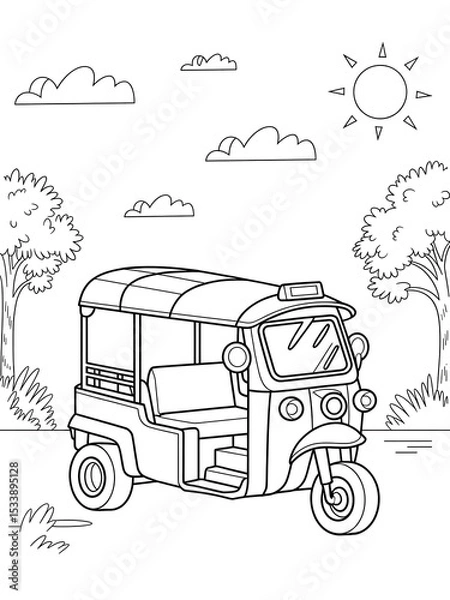 Obraz Black and White Line Art Cartoon Tuk in Sunny Landscape Kids Coloring Page three wheeled vehicle auto rickshaw
