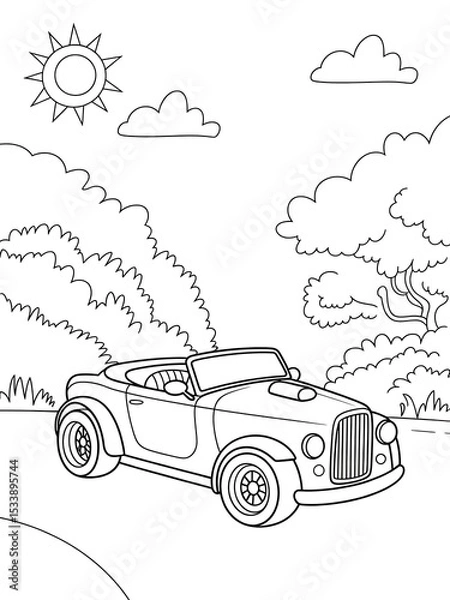 Obraz Black and White Line Art Coloring Page Convertible Car in Sunny Landscape Kids Coloring Book automobile