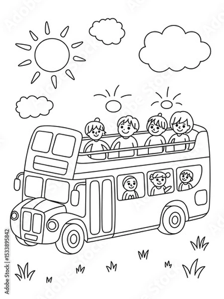 Obraz Black and White Line Art Coloring Page Double Decker Bus Kids Sun Clouds kids coloring page outline
