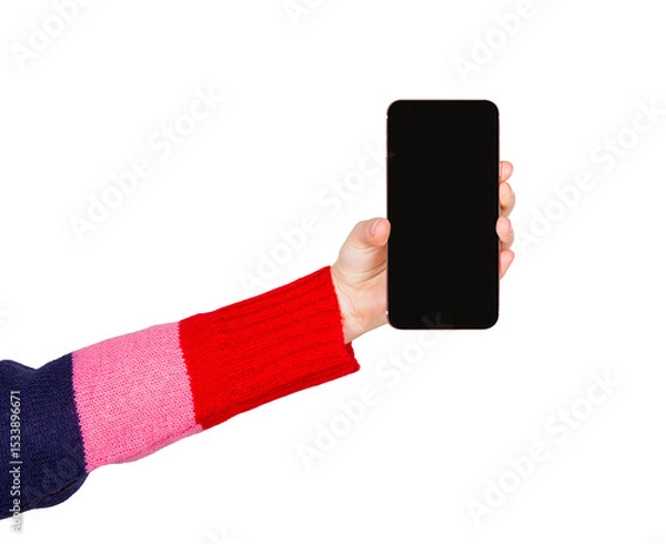 Fototapeta Woman hand holding a smartphone showing blank screen interface to camera. Empty display copy space for advertisement and marketing