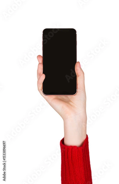Fototapeta Outstratched up woman hand holding a smartphone showing blank display to camera isolated on transparent background