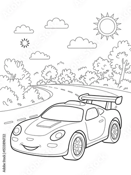 Obraz Black and White Line Art Coloring Page of a Toy Racing Car Driving on a Winding Road with Trees and Sun