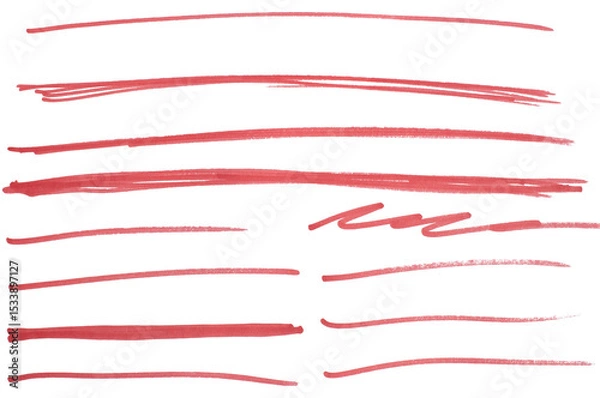 Obraz Set of hand drawn red marker line design element, grunge strokes, doodle lines underline scribble