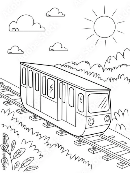 Obraz Black and White Line Art Drawing of a Funicular Train on Tracks Sunny Day Kids Coloring Page railway