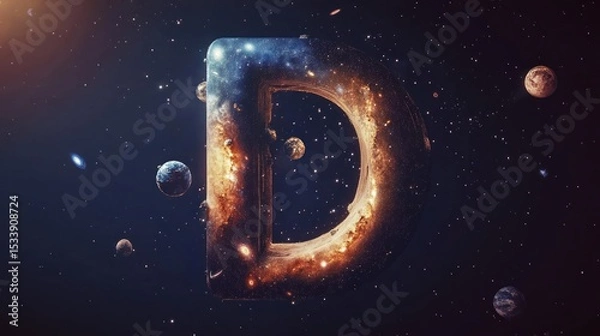 Fototapeta Cosmic letter D in space.  A 3D rendered letter D formed by cosmic matter, with planets and stars embedded within its structure, against a backdrop of stardust and nebulae