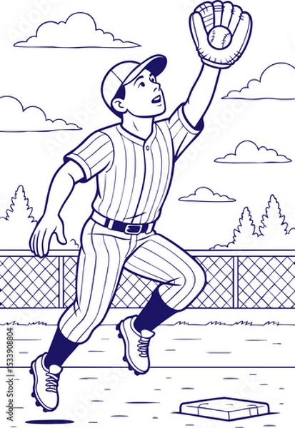 Obraz Baseball player jumping to catch ball in outline drawing style