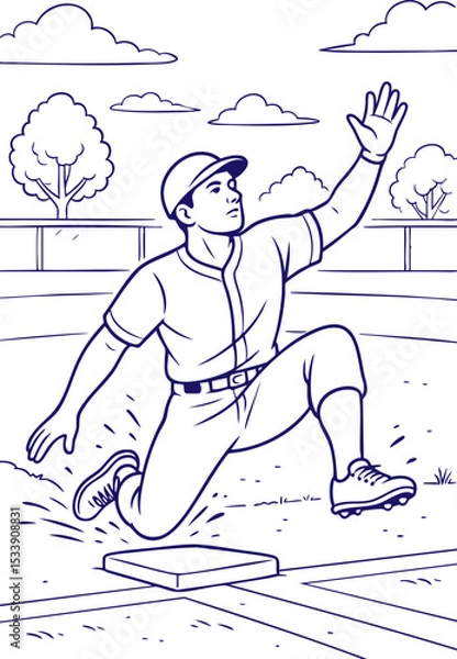 Obraz Baseball player sliding to base in outline drawing style