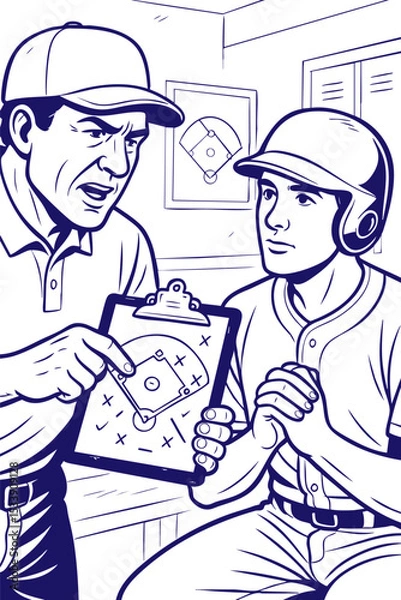 Obraz Baseball coach giving strategy talk to player in locker room