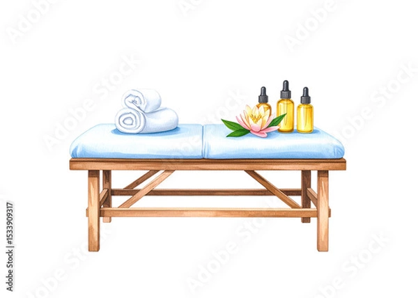 Fototapeta Illustration of a spa massage table equipped with soft towels, essential oils, and a beautiful lotus flower, ideal for themes of wellness and relaxation.