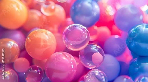 Fototapeta 3D rendering of a cluster of pastel colored glossy spheres with a few transparent ones.