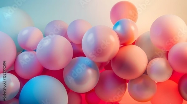 Fototapeta 3D rendering of a bunch of pastel colored spheres with a glossy surface. The spheres are of different sizes and are positioned in a random order.