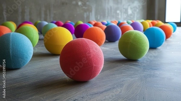 Fototapeta Colorful balls of various sizes are scattered on the floor in a large room.