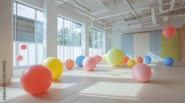Fototapeta Big colorful balls in a bright room. The balls are red, yellow, blue, green, pink, and orange. They are all different sizes.