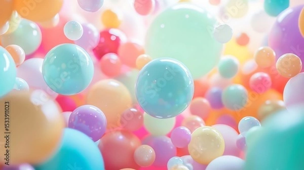 Fototapeta A three-dimensional depiction of a multitude of pastel-colored spheres.