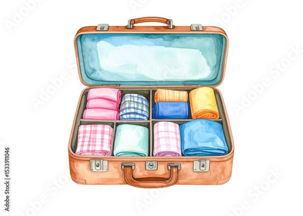 Fototapeta A watercolor illustration of an open brown suitcase neatly packed with colorful, folded clothes. This organized luggage is ready for travel, vacation, or a trip.