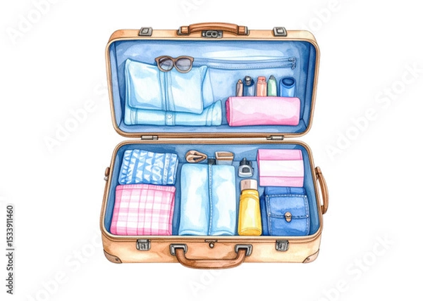 Fototapeta Watercolor illustration of an open suitcase neatly packed with folded clothes, toiletries, and travel essentials, ready for a vacation or journey.