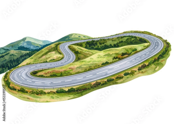 Fototapeta Watercolor illustration of a winding mountain road traversing green hills with distant peaks, depicting a scenic journey or travel concept.