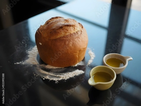 Fototapeta Still life with a loaf of bread, flour, oil and garlic on a black surface