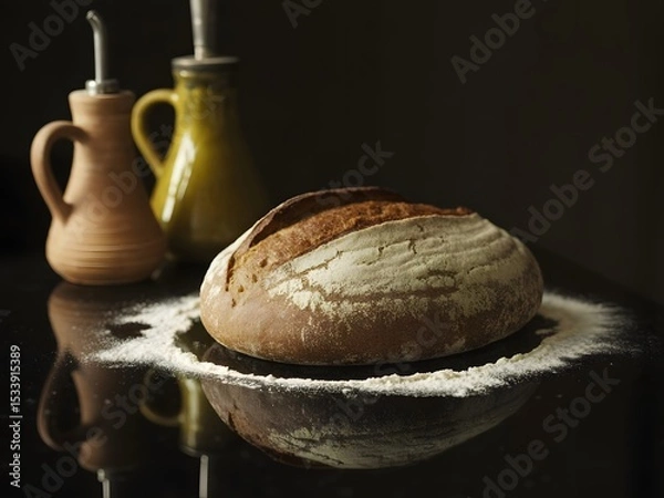 Fototapeta Still life with a loaf of bread, flour, oil and garlic on a black surface