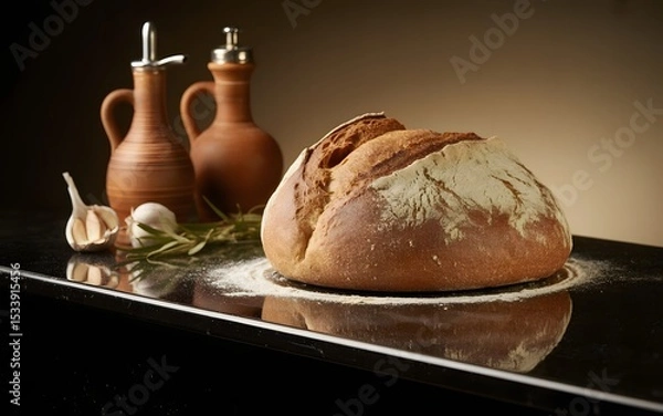 Fototapeta Still life with a loaf of bread, flour, oil and garlic on a black surface