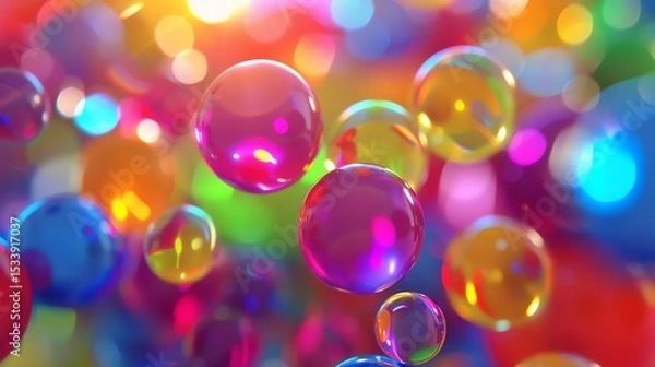 Fototapeta Amazing 3D rendering of colorful glossy spheres floating in the air against a blurred background of rainbow-colored lights.