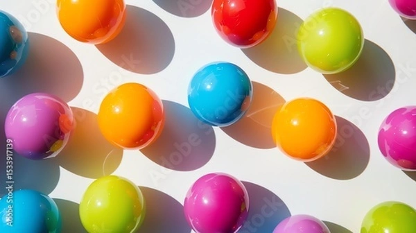 Fototapeta Colorful balls of various sizes are scattered on a white surface.