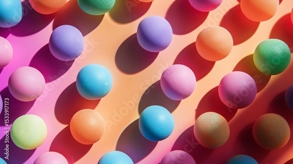 Fototapeta Colorful balls of different sizes are scattered on a pink and orange background. The balls are in pastel colors and have a rough texture.