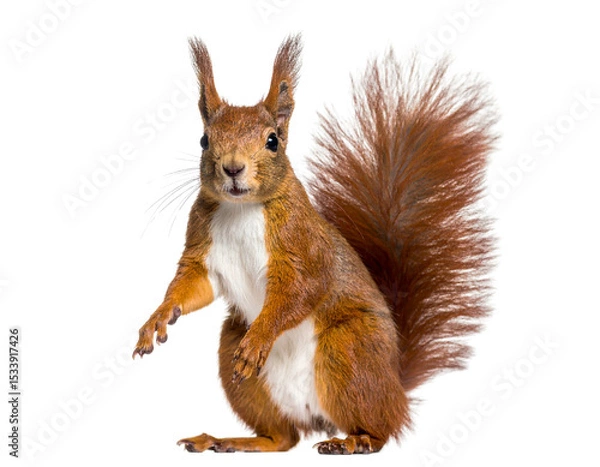 Fototapeta Red Eurasian Squirrel Standing on Hind Legs, Transparent Background