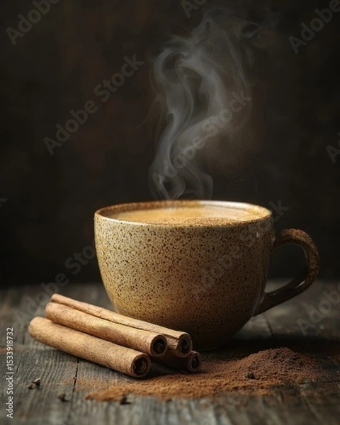 Fototapeta Steaming coffee cup with cinnamon and cocoa